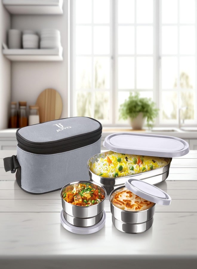 JOYO Executive Smart Lunch with Zipper Pouch, 2 Round Containers, 280 ml Each, 1 Oval Container, 500 ml, Grey | Easy to Carry | Leak Proof - Image 2
